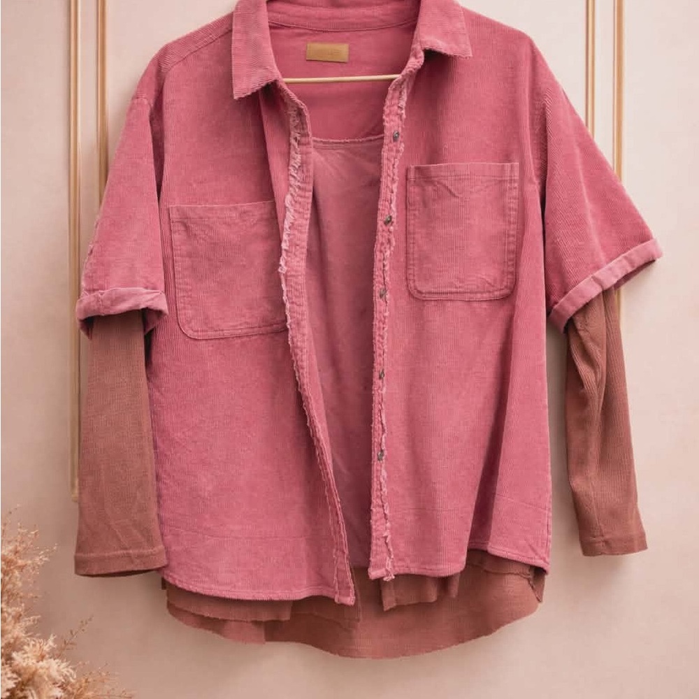 Umgee Rose-Pink Corduroy Button-Up Shirt Jacket